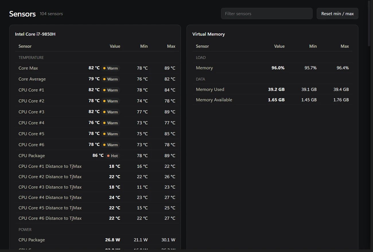Taskvane Sensors page listing each CPU core temperature with Normal, Warm and Hot labels, plus CPU package power